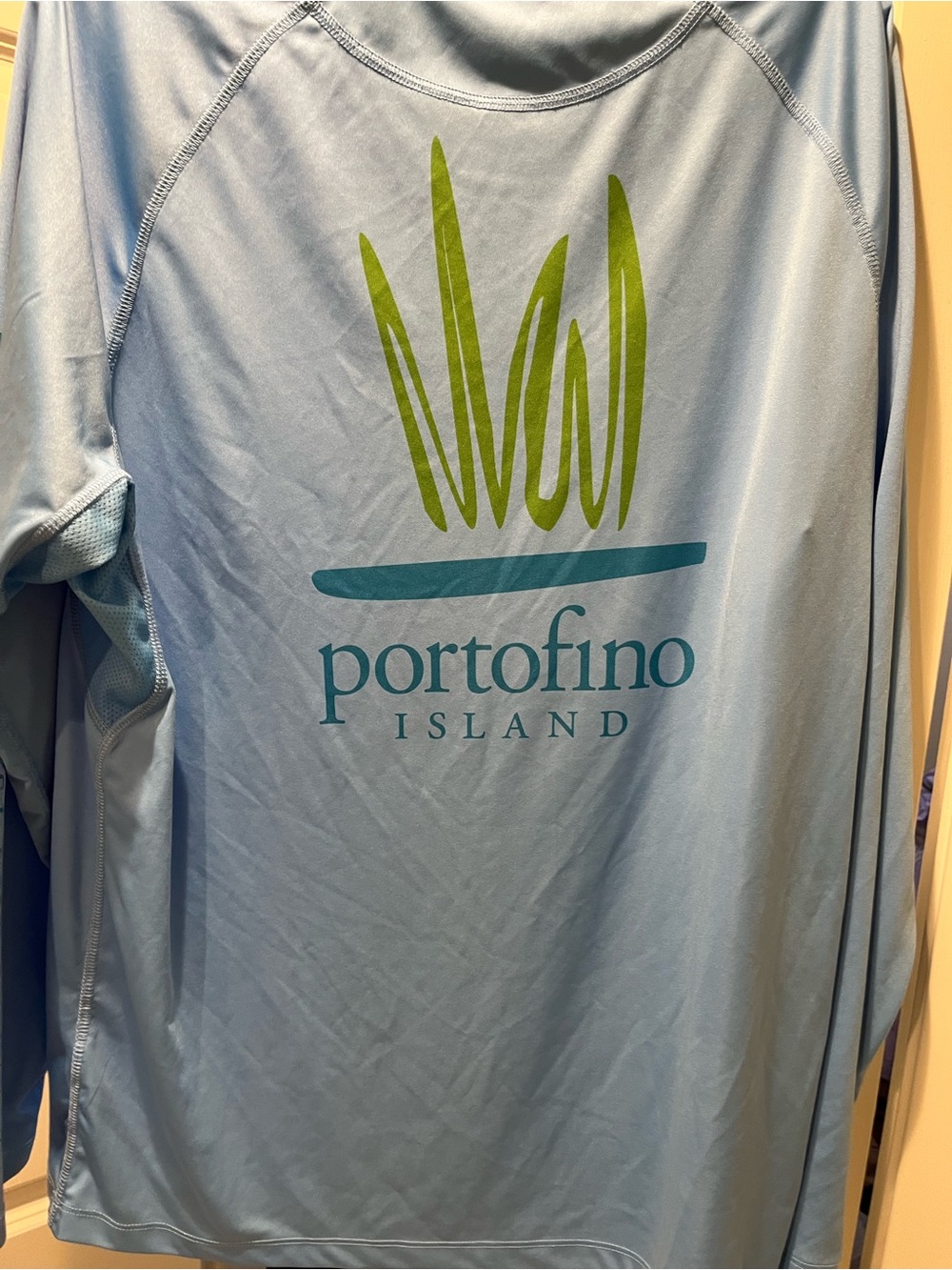 Portofino Island Men's Long Sleeve Tee - Light Blue with Green Logo